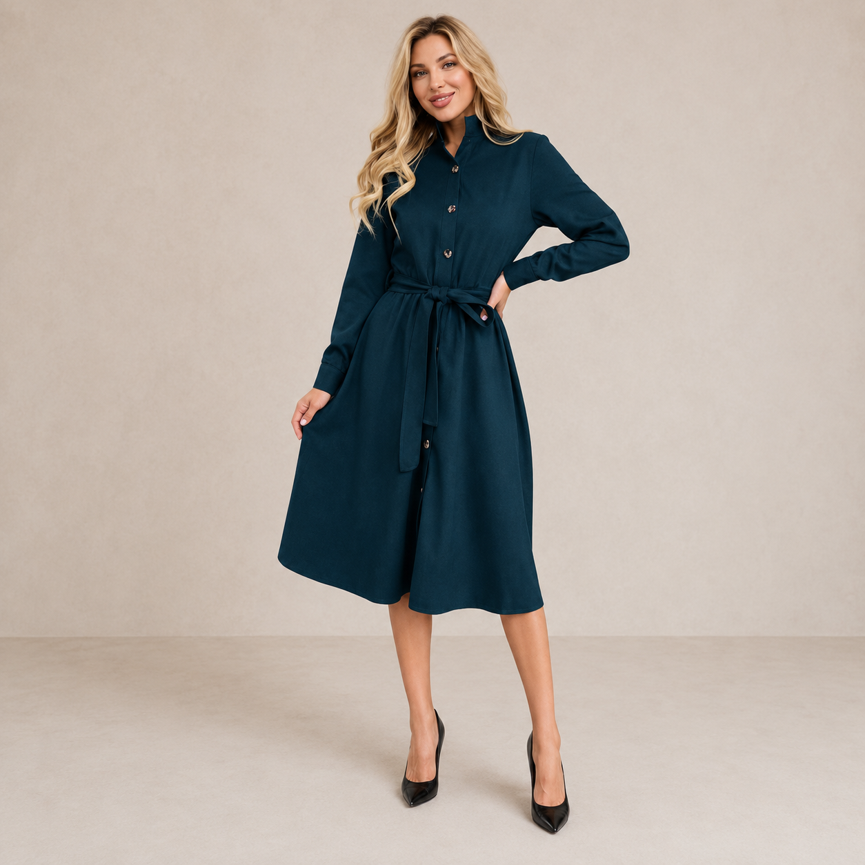 Elegant Midi Dress | Women's Formal Dress with Waist Belt