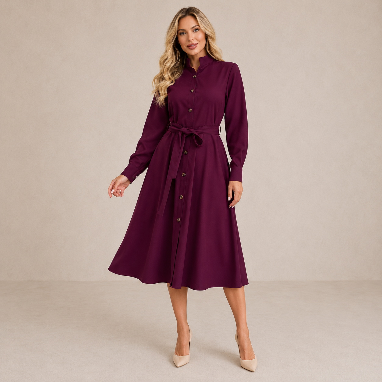 Elegant Midi Dress | Women's Formal Dress with Waist Belt