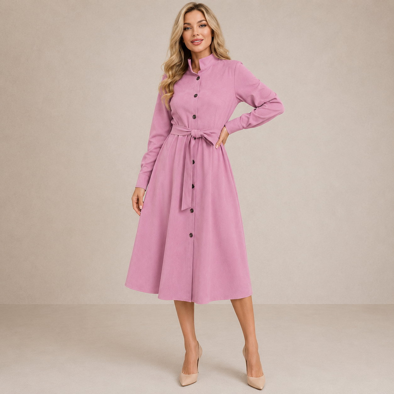 Elegant Midi Dress | Women's Formal Dress with Waist Belt