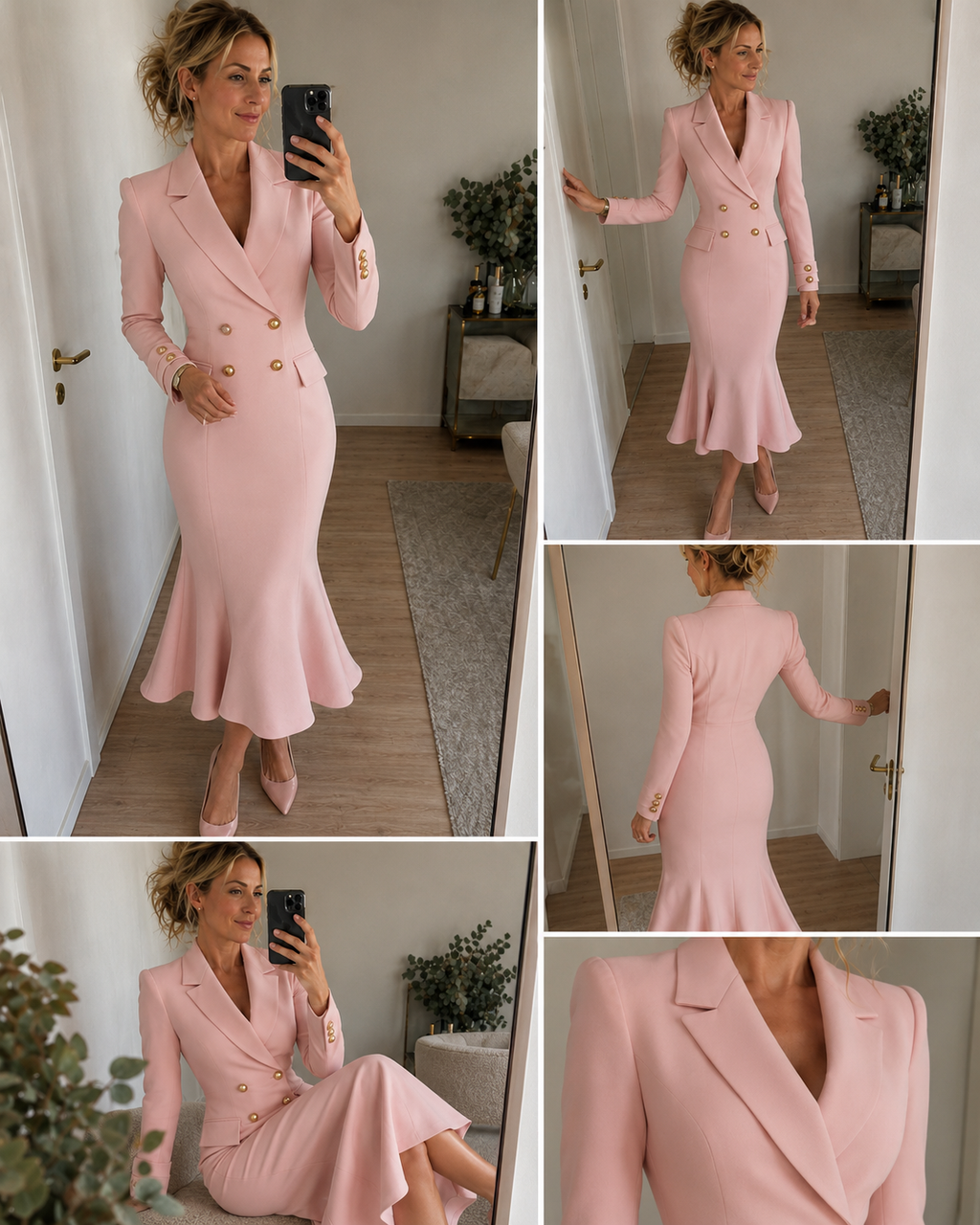 Elegant Satin Midi Dress with Sleeves and Gold Buttons | Women's Fashion