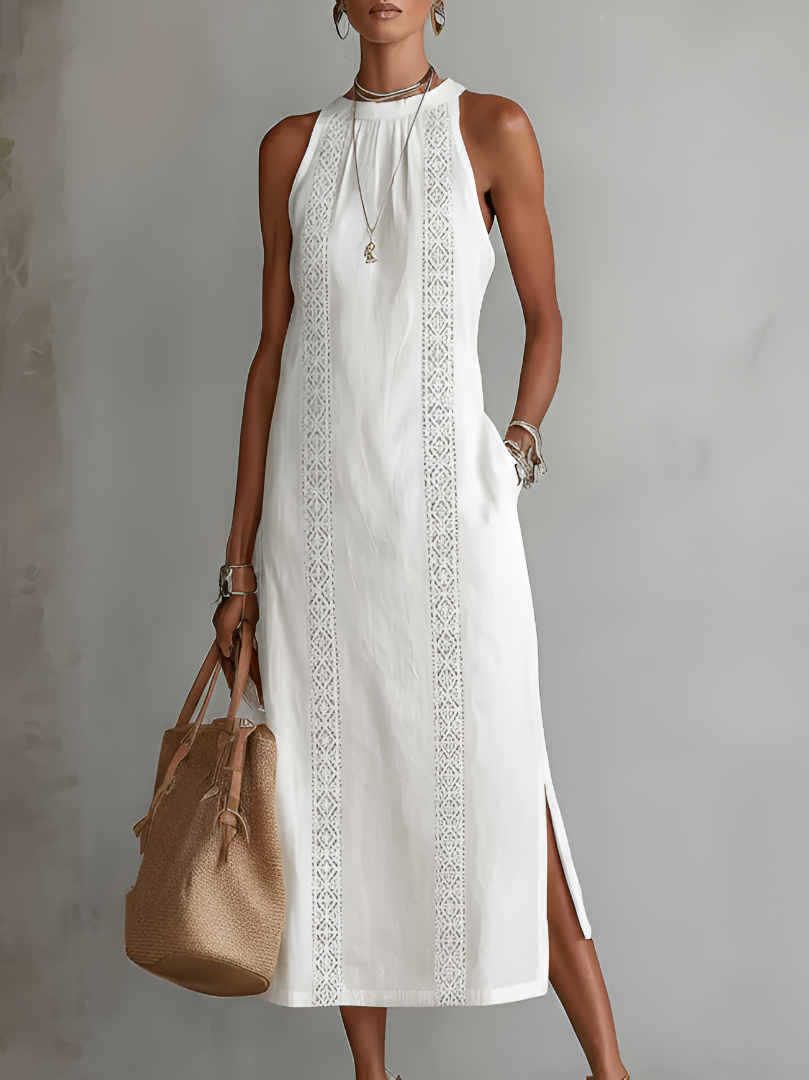 Linen Midi Dress with Mao Collar | Women's Summer Dress