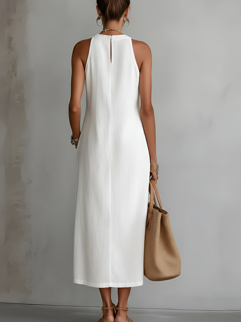 Linen Midi Dress with Mao Collar | Women's Summer Dress