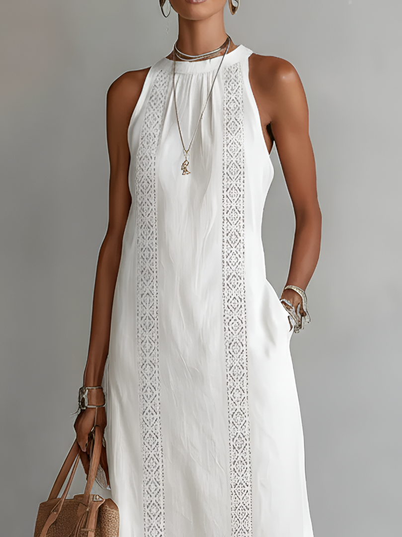 Linen Midi Dress with Mao Collar | Women's Summer Dress