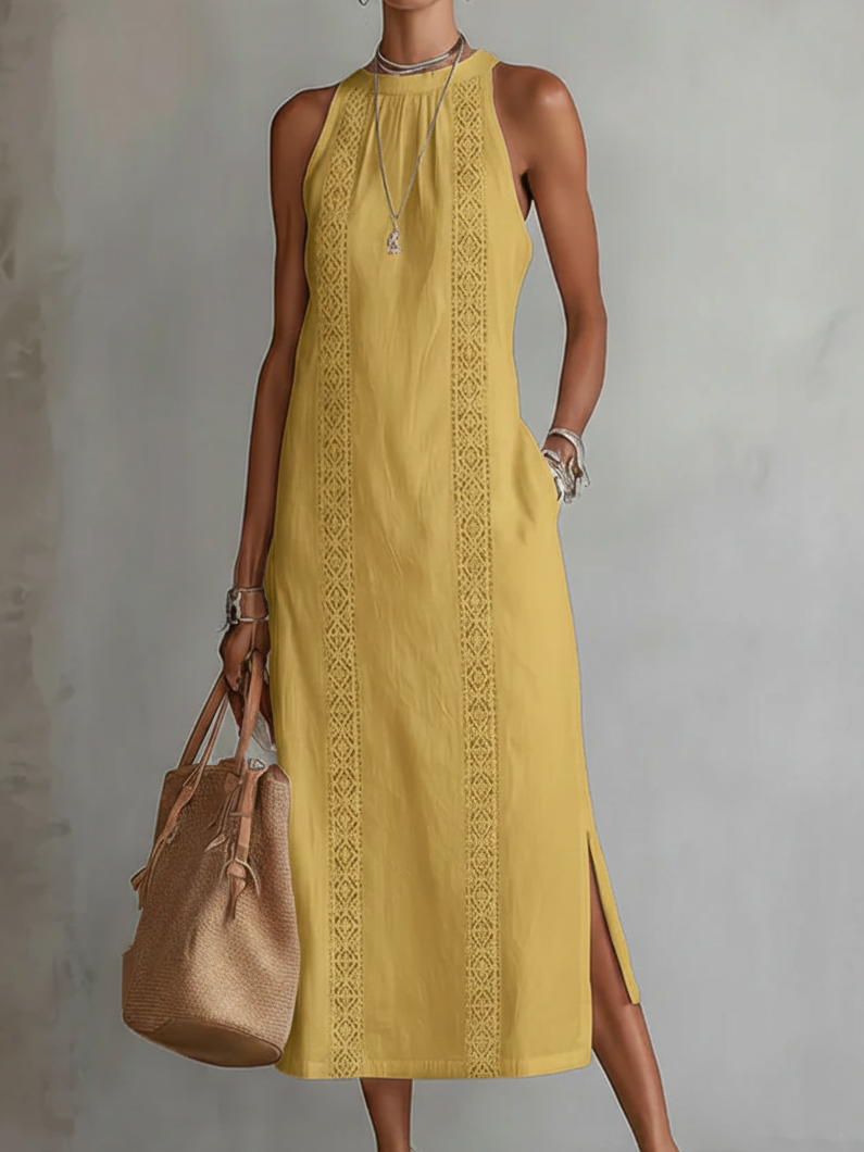 Linen Midi Dress with Mao Collar | Women's Summer Dress