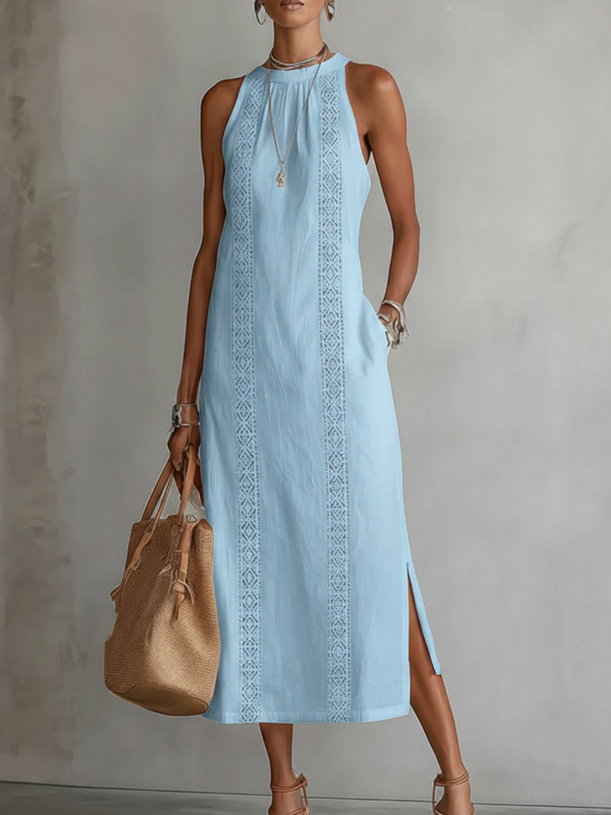 Linen Midi Dress with Mao Collar | Women's Summer Dress