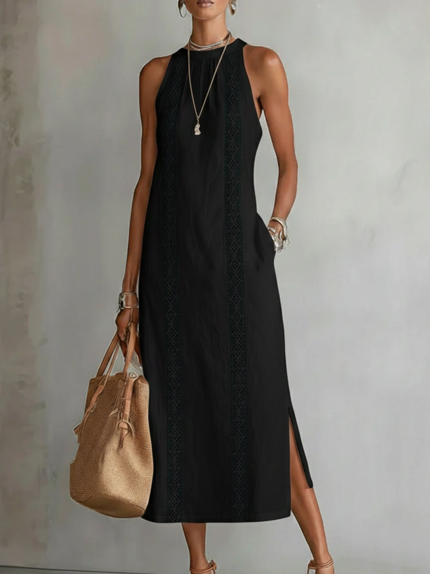Linen Midi Dress with Mao Collar | Women's Summer Dress