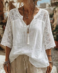V-Neck Lace Blouse | Women's Summer Top with Lace Sleeves