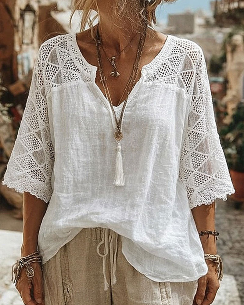 V-Neck Lace Blouse | Women's Summer Top with Lace Sleeves