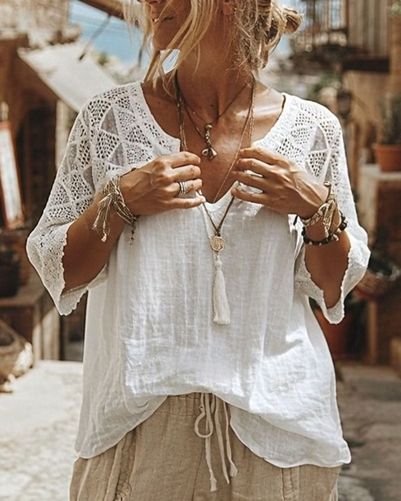 V-Neck Lace Blouse | Women's Summer Top with Lace Sleeves