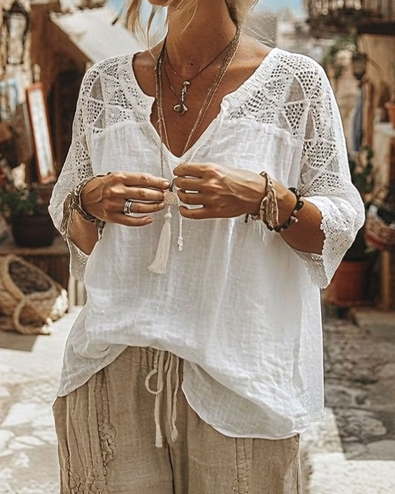 V-Neck Lace Blouse | Women's Summer Top with Lace Sleeves