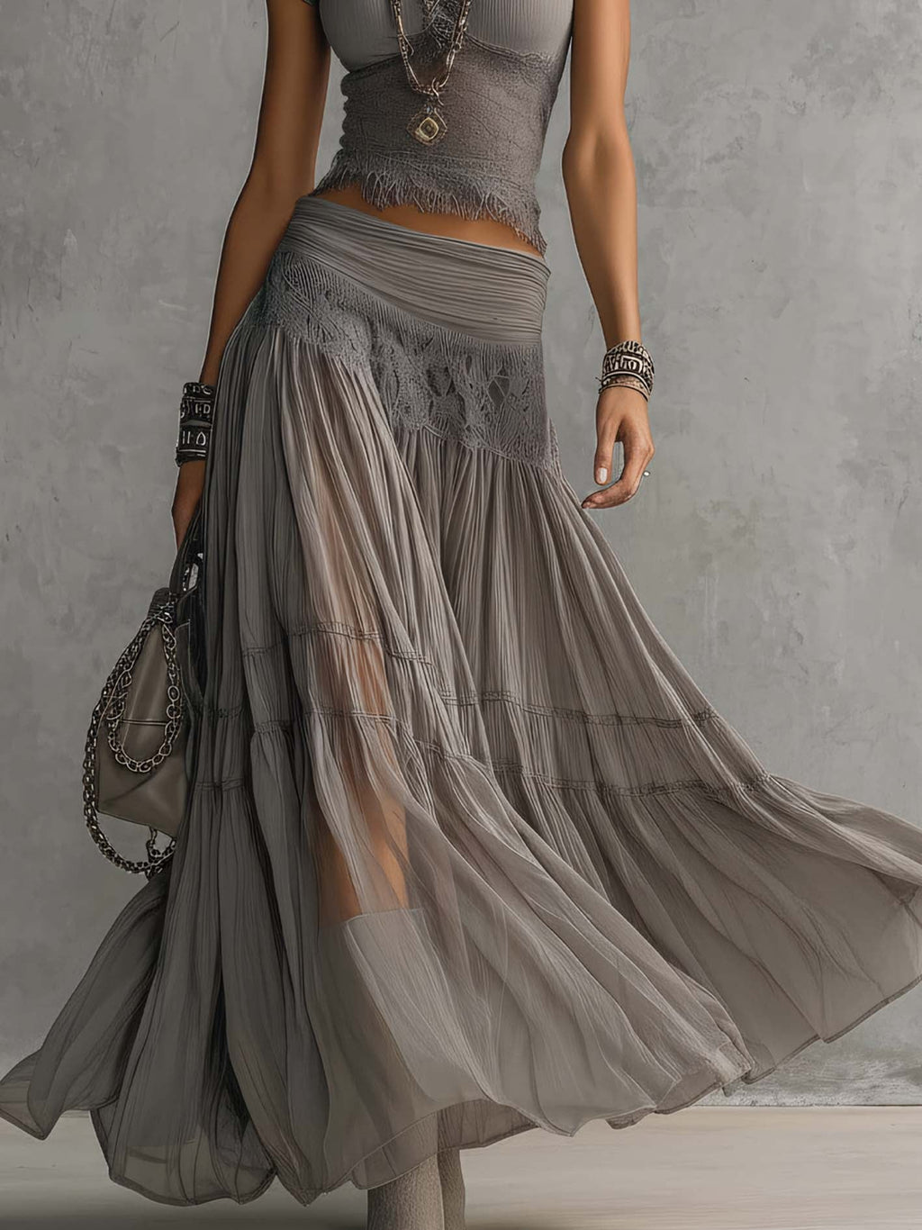 Women's Elegant Two-Piece Outfit | Lace Maxi Skirt Set
