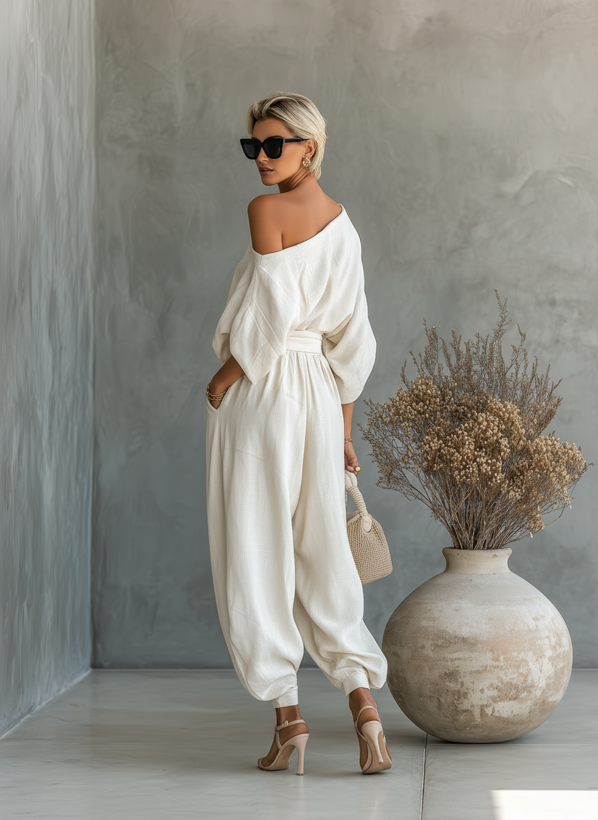 Women's Off-White Linen Set | Casual Tapered Pants Outfit